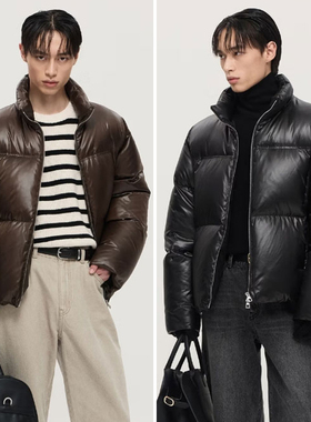 0101秋冬款TNGT棕色黑色立领双向拉链亮面短款鹅绒羽绒服2色