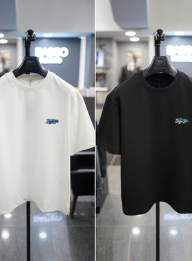 2025年夏季新款BASSO黑色圆领棉混纺花卉印花弹力宽松休闲短袖T恤