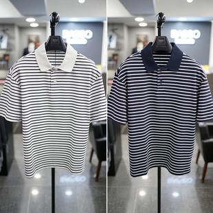 POLO衫 0325夏款 休闲短袖 时尚 BASSO白色藏蓝色条纹纯棉男士
