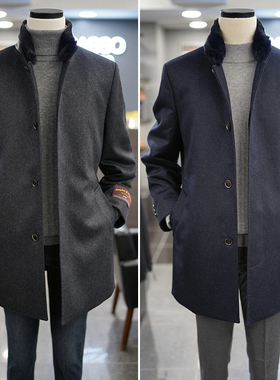 0130冬BASSO炭灰色立领羊毛混纺麝鼠毛领兔毛内里中长款毛呢大衣