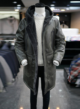 %国内现货175码秋冬SONGZIO卡其绿色皮毛一体连帽仿皮休闲皮衣男