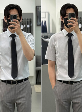 0321夏款Liberclassy韩版灰色条纹短袖衬衫男士衬衣加大190码