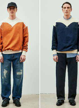 0130秋冬款Albert Explorer橘色藏青色拼色男士青春时尚休闲卫衣