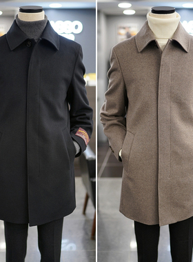 0301冬季新款BASSO黑色纯色单排扣翻领羊毛混纺中长款毛呢大衣