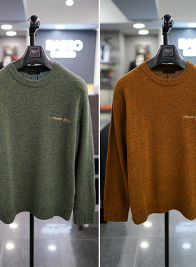 0130秋款BASSO绿色圆领字母刺绣毛衣羊毛混纺长袖针织衫男