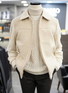 0101冬装BASSO纯色羊绒羊毛针织拼接短款轻质羽绒夹克鹅绒羽绒服