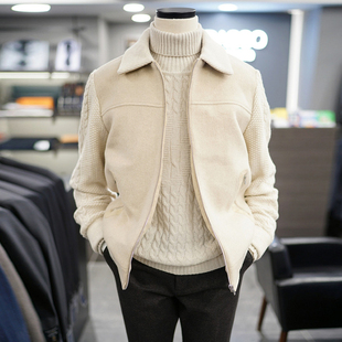 0101冬装BASSO纯色羊绒羊毛针织拼接短款轻质羽绒夹克鹅绒羽绒服