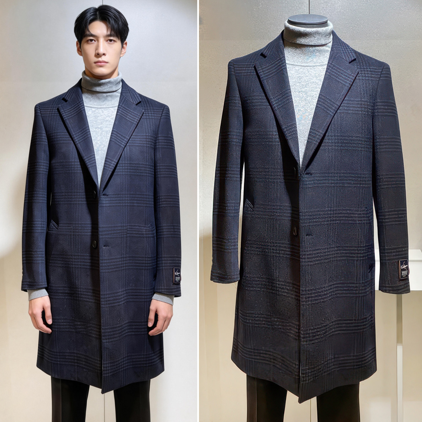 $国内现货175码冬特价BASSO深藏青色英伦格纹羊毛混纺毛呢大衣男