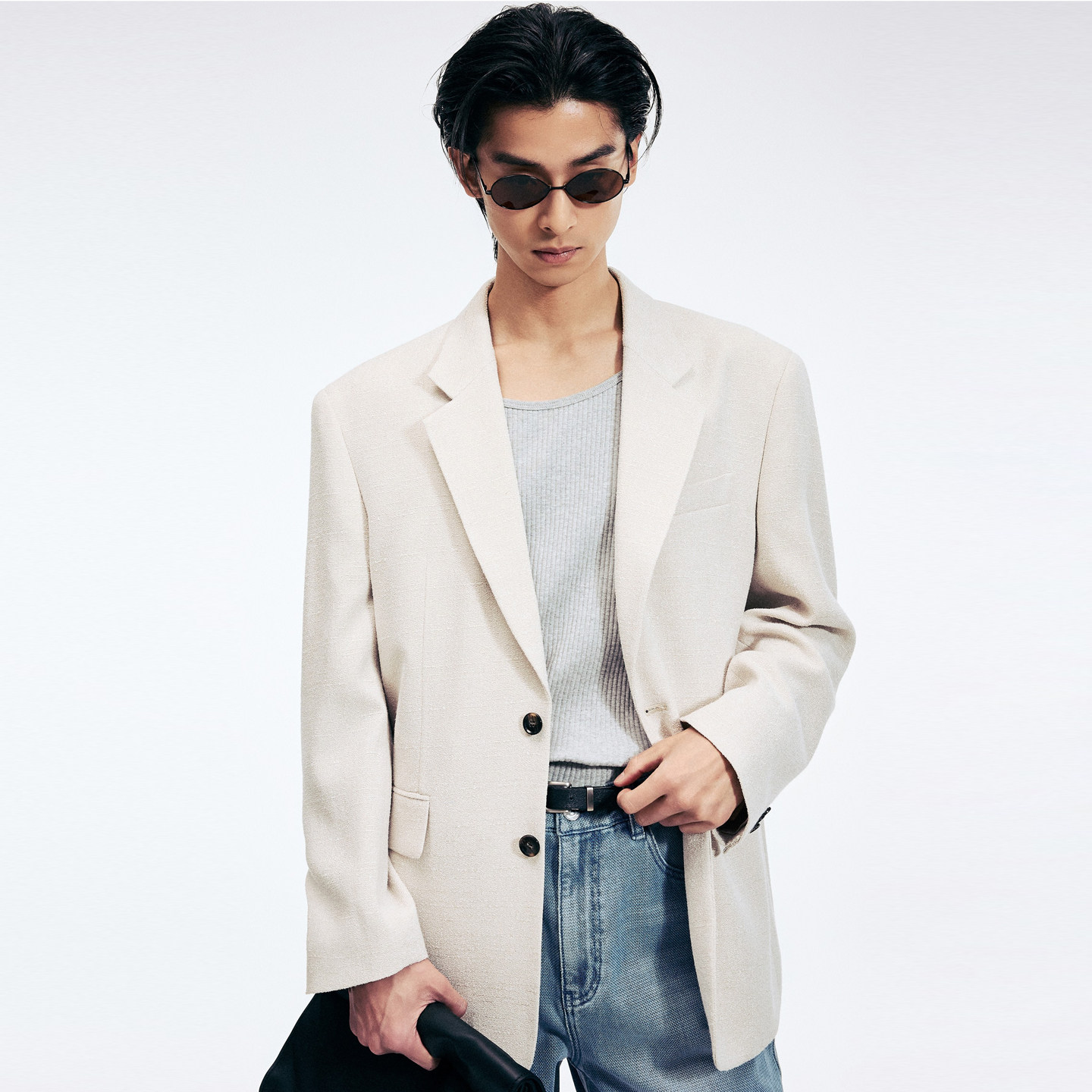 2026年春夏新款TNGT韩版男青年奶白色职业上班休闲西服上衣外套