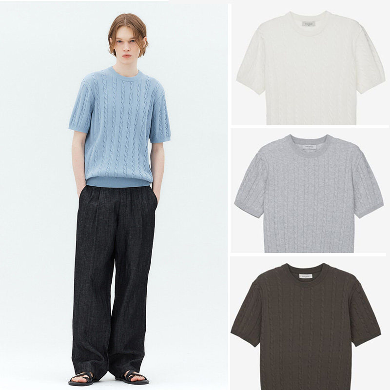 0320夏款Mind Bridge心桥韩版白色圆领纯棉麻花编织短袖针织衫男