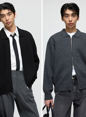 0101秋款TNGT灰色黑色翻领羊毛混纺双向拉链休闲宽松针织开衫