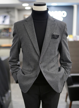 0101冬BASSO灰色纯色细纹质感弹性弹力修身休闲西装男士西服外套