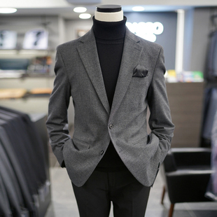 0130冬BASSO灰色纯色细纹质感弹性弹力修身休闲西装男士西服外套