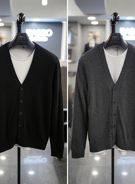 2025年冬季新款BASSO黑色炭灰色纯色V领羊绒混纺休闲针织开衫2色