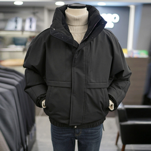 0101冬款BASSO黑色立领防风收口袖鹅绒宽松短款羽绒服男士