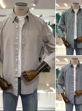 2025秋装新款EDITION米色格子棉混纺薄款韩版休闲长袖衬衫3色男士