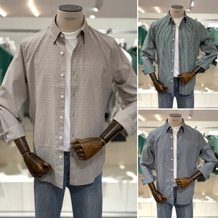 0130秋款EDITION米色格子棉混纺薄款韩版休闲长袖衬衫3色男士