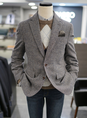 0101冬款BASSO棕色翻领羊毛混纺格纹双扣商务休闲西服上衣