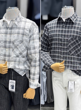 朱宇宰明星款2026夏ZIOZIA黑色英式格纹男士休闲长袖衬衫薄款衬衣