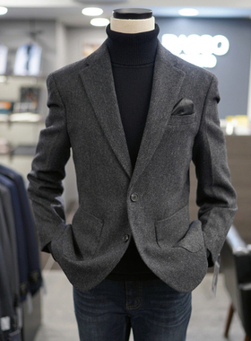 2025年冬季新款BASSO灰色人字纹纯羊毛商务双扣韩版休闲西服上衣