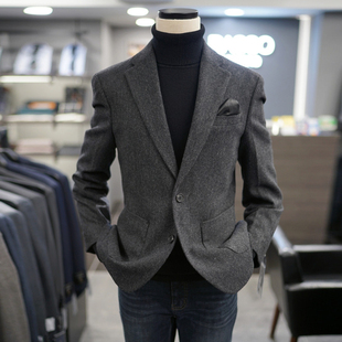 0130冬季新款BASSO灰色人字纹纯羊毛商务双扣韩版休闲西服上衣