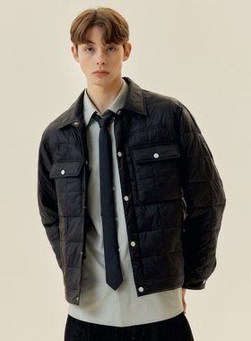 0101春新款Mind Bridge心桥黑色纯色翻领按扣绗缝口袋棉衣外套