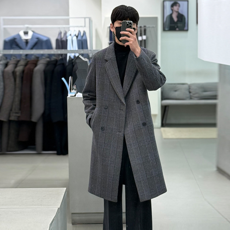 棕色格纹羊毛宽松休闲毛呢大衣