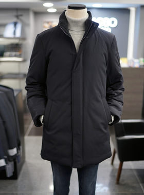 2025年冬季新款BASSO藏青色纯色加绒立领休闲中长款鹅绒羽绒服男