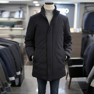 58折年末活动0130冬BASSO藏青色纯色加绒立领中长款鹅绒羽绒服男