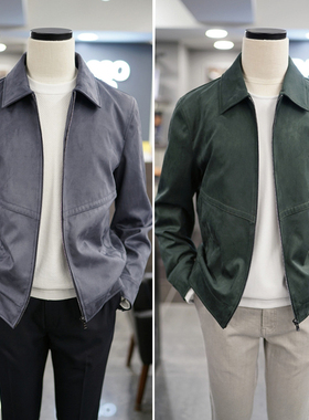 0325春BASSO蓝灰色纯色弹性人造皮革绒面翻领仿麂皮短款皮夹克2色