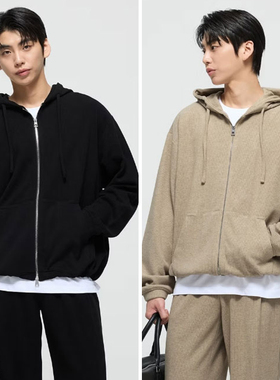 0101秋款TNGT米色黑色抽绳连帽双向拉链针织开衫外套3色男
