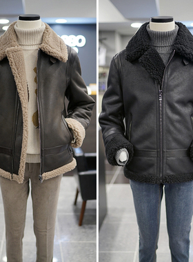 XH2冬款BASSO男黑色棕色韩版皮毛一体仿皮皮衣短款夹克