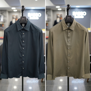 0301秋BASSO韩版男士深绿色橄榄绿色尖领商务上班休闲长袖衬衫2色