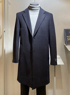#国内现货175码冬特价BASSO深藏青色英伦格纹羊毛羊绒毛呢大衣男