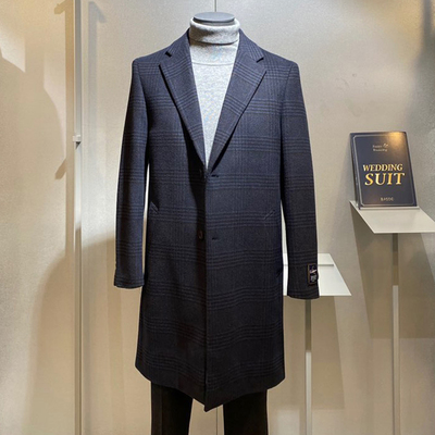 深藏青色格纹羊毛羊绒毛呢大衣