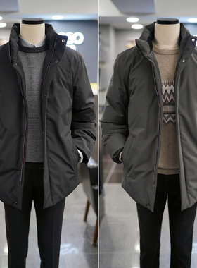 2025年冬季新款BASSO黑色灰色纯色无帽立领保暖鹅绒羽绒服2色男士