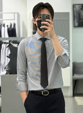 0120秋冬GARNET商务上班职业黑色格子小方格线格棉质长袖衬衫男士