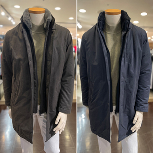 0130冬款OLZEN深卡其绿色深藏青色男士立领假两件羽绒服