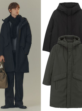 0101冬新款Mind Bridge心桥黑色深卡其绿色连帽中长款羽绒服2色