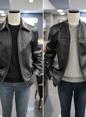 0130秋款BASSO黑色拉链真皮羊皮夹克短款韩版休闲皮衣男士