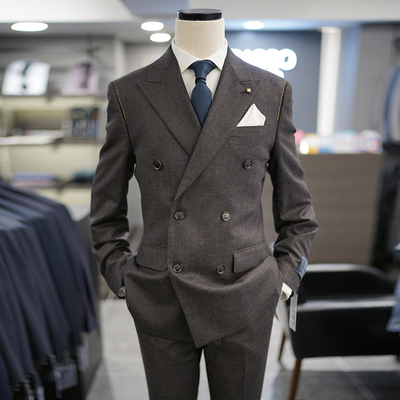 BASSO棕色竖条纹双排扣西服套装