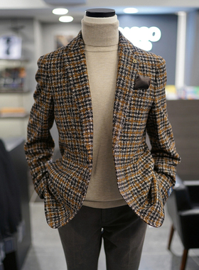0101秋款BASSO意大利进口面料棕色格纹羊毛混纺花呢休闲西服