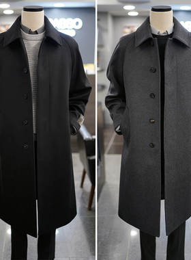 0301冬季新款BASSO黑色插肩袖宽松休闲翻领长款毛呢大衣2色男款
