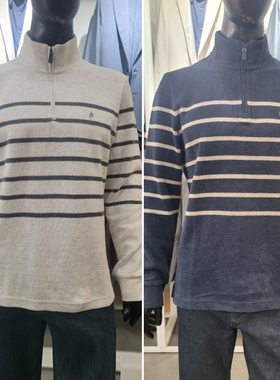 2025冬装新款OLZEN米色纯棉条纹半拉链长袖T恤男士2色加大码190码