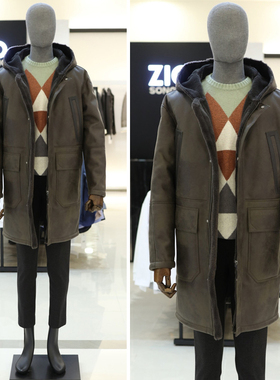 %国内现货175码31折特价SONGZIO卡其绿色皮毛一体连帽中长款皮衣