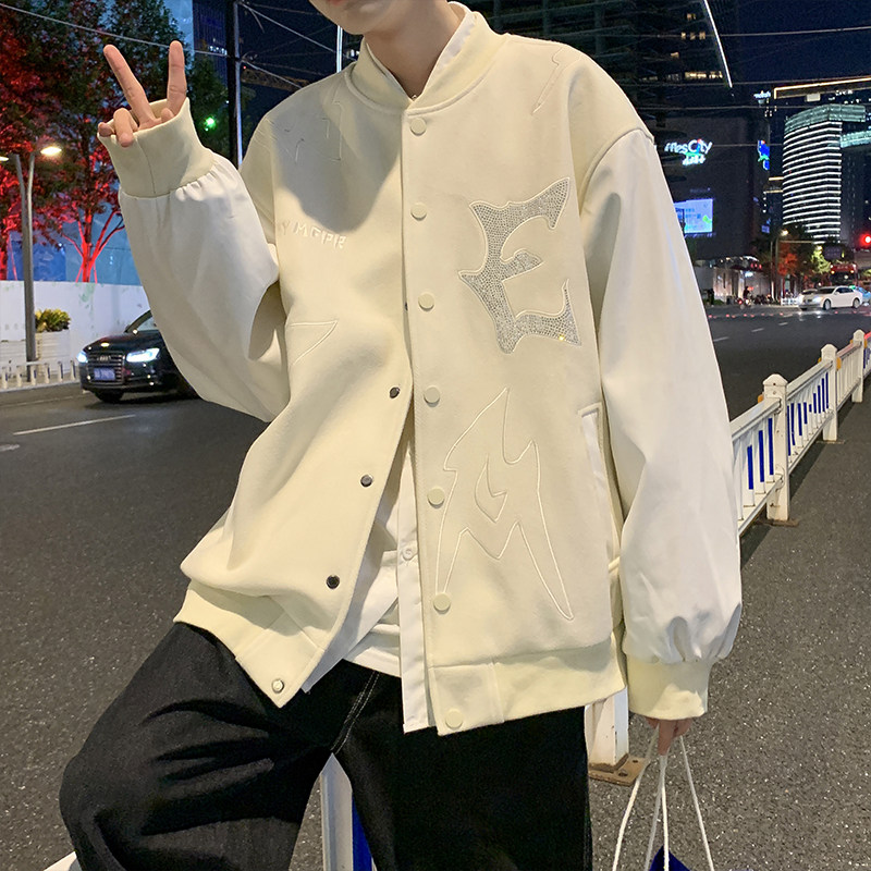 男生秋季高级感休闲夹克双层毛呢拼皮刺绣烫钻棒球服JK11-P70控85,男装夹克,电商A062