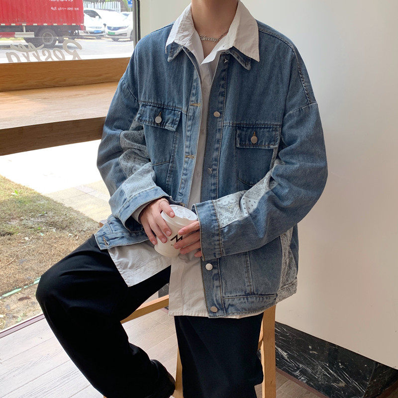 2021青少年秋季新款牛仔夹克男士宽松工装拼色腰果花外套JK06-P70,男装夹克,电商A062