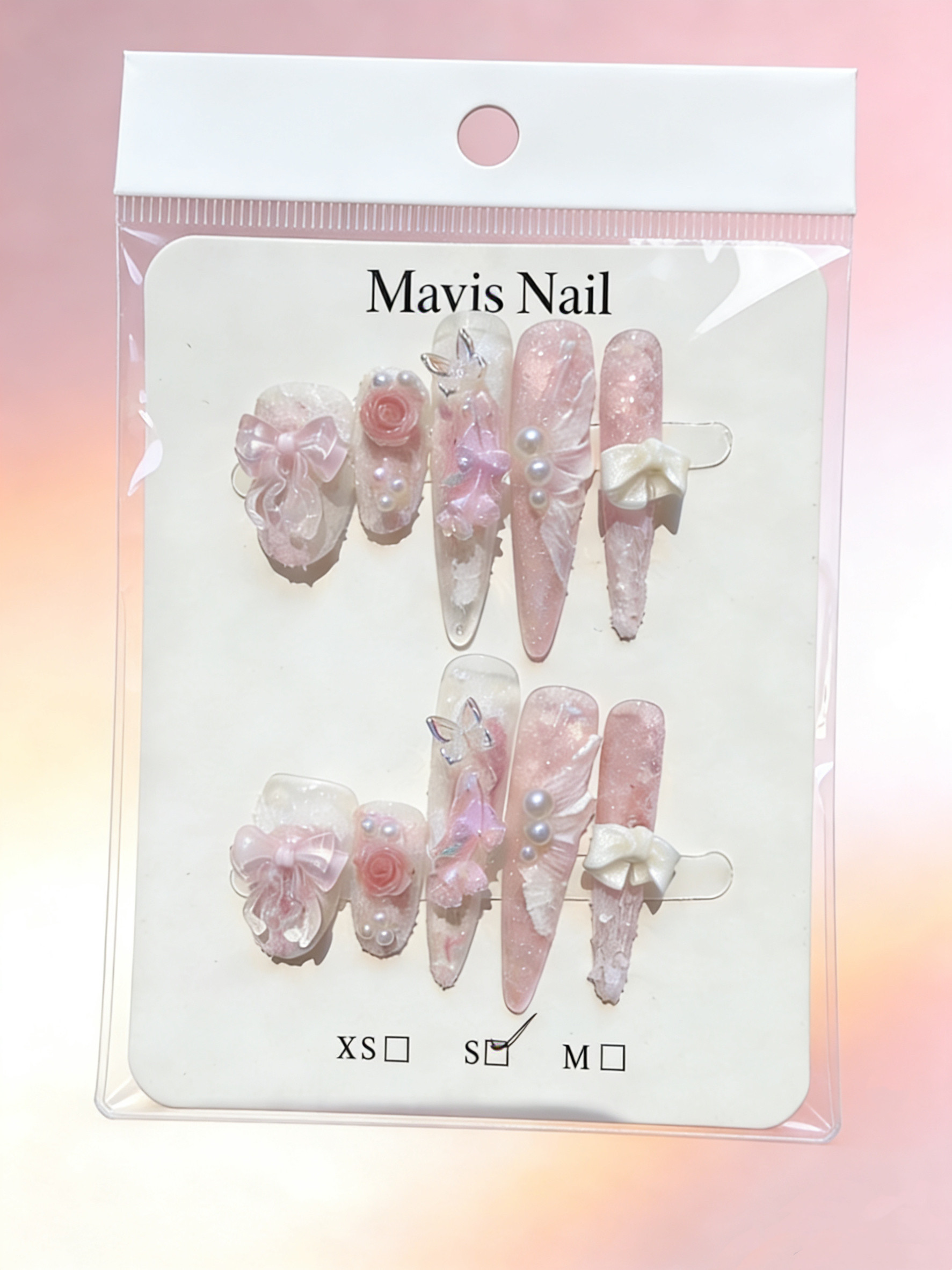 Mavis 「粉雾玫瑰」砂糖质感穿戴甲 蝴蝶珍珠蝴蝶结美甲长款贴片