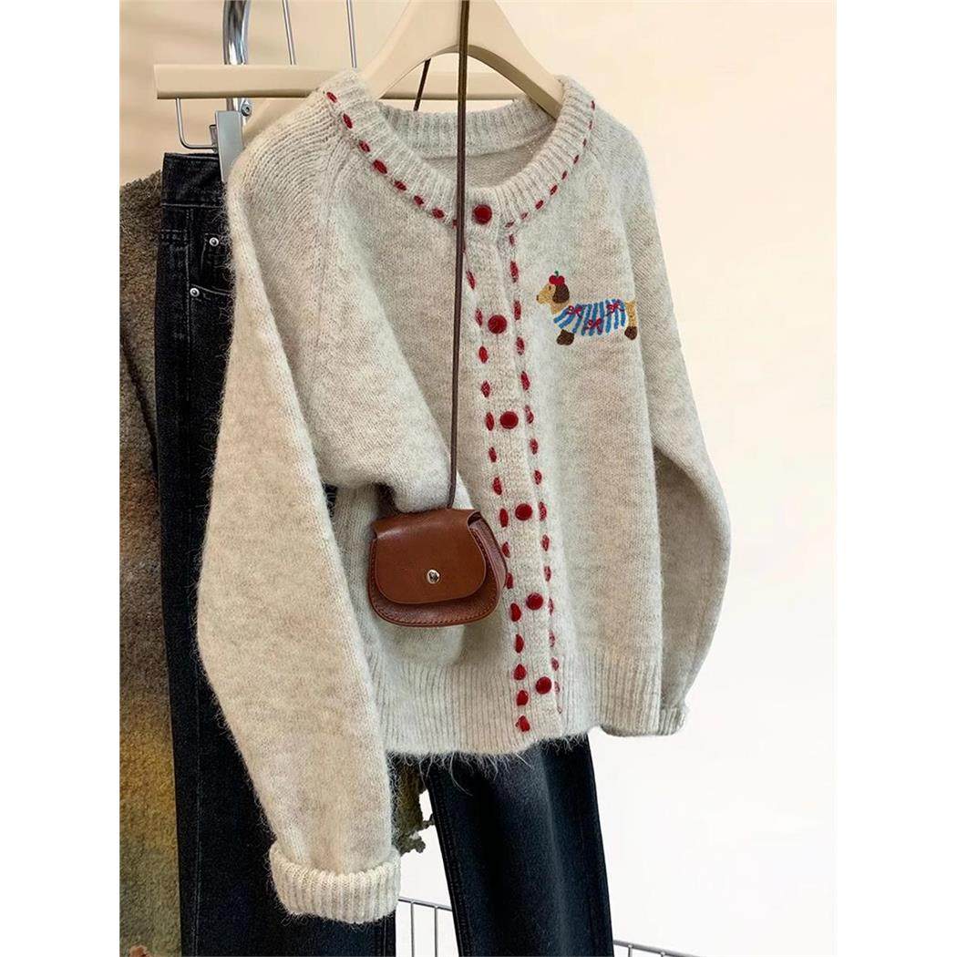 圆领小狗长袖针织女士秋冬开衫2025新款小外穿底毛衣夹克上衣