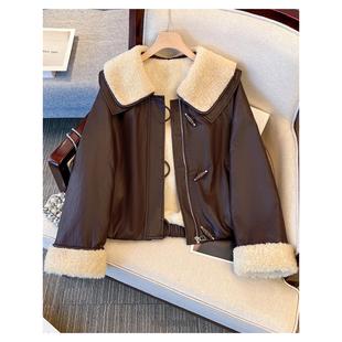 小香风羊羔毛娃娃大翻领pu皮衣外套女加绒加厚2025初冬装新款夹克